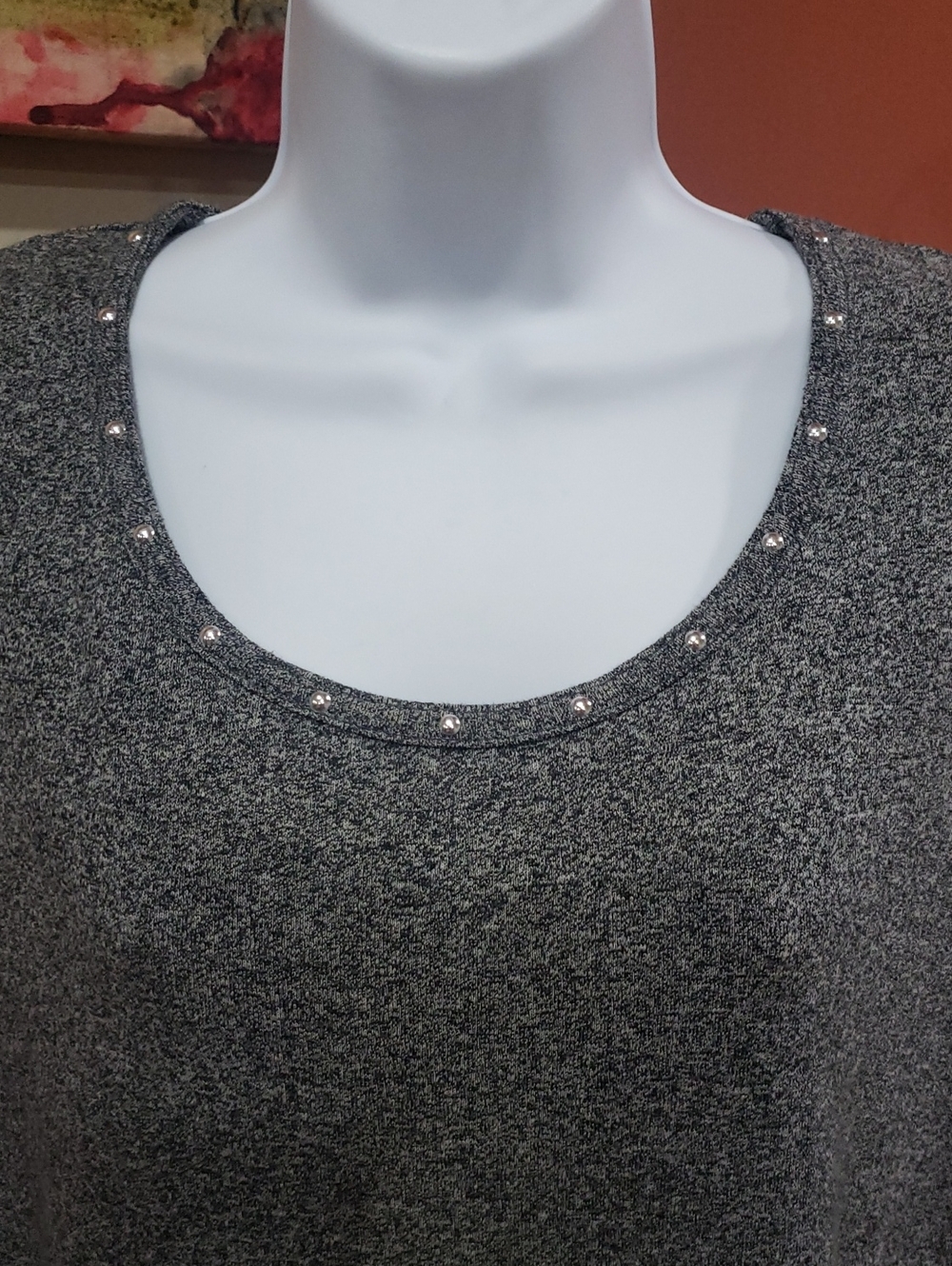 Rafaella Women's Heather Gray Crewneck Sweater with Silver Studs - 3X